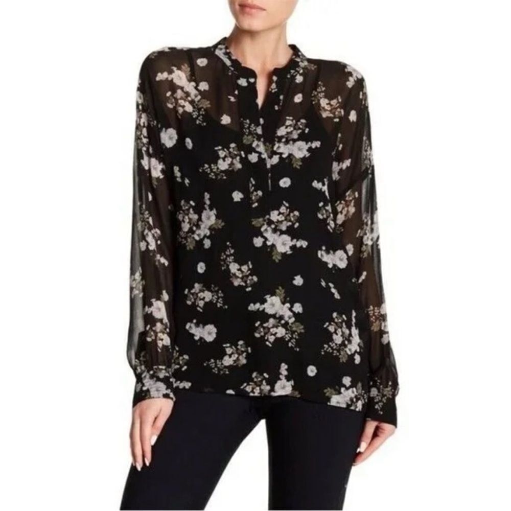 Vince Sheer Silk Black and White Floral Blouse